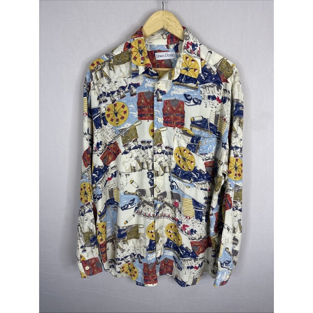Vintage Linea Domo Nautical All Over Print Rayon Shirt Sailing Boat Men XL/L